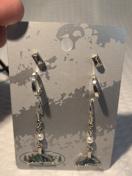 Nature's 1 Jewelry - Silver Tone Abalone Whale Tail Drop Earrings Set 3 Pairs